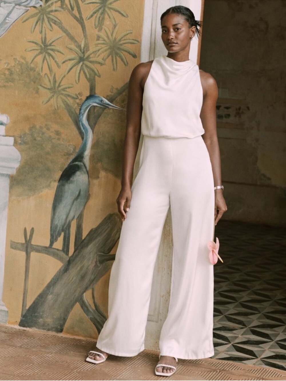 Abercrombie & Fitch Cream Sleeveless High-Neck Wide-Leg Jumpsuit